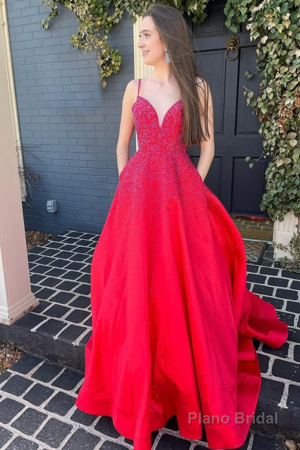 A Line Spaghetti Straps Red Long Prom Dress with Beading Main image