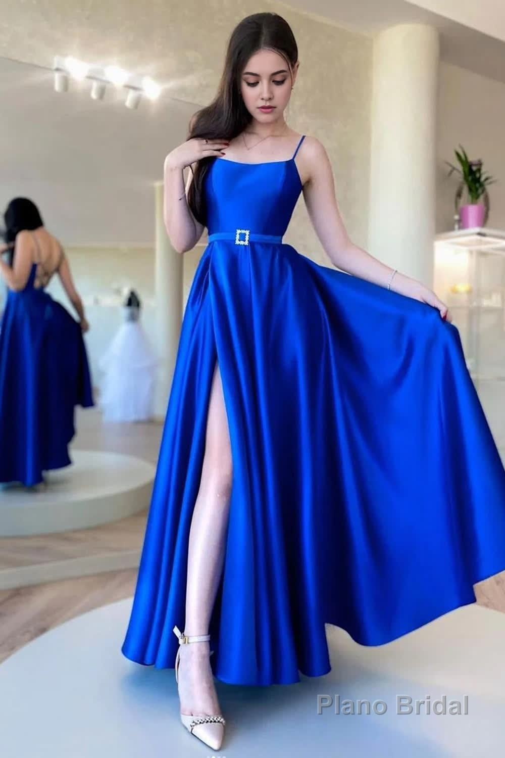 A Line Spaghetti Straps Royal Blue Long Prom Dress with Split Front Main image