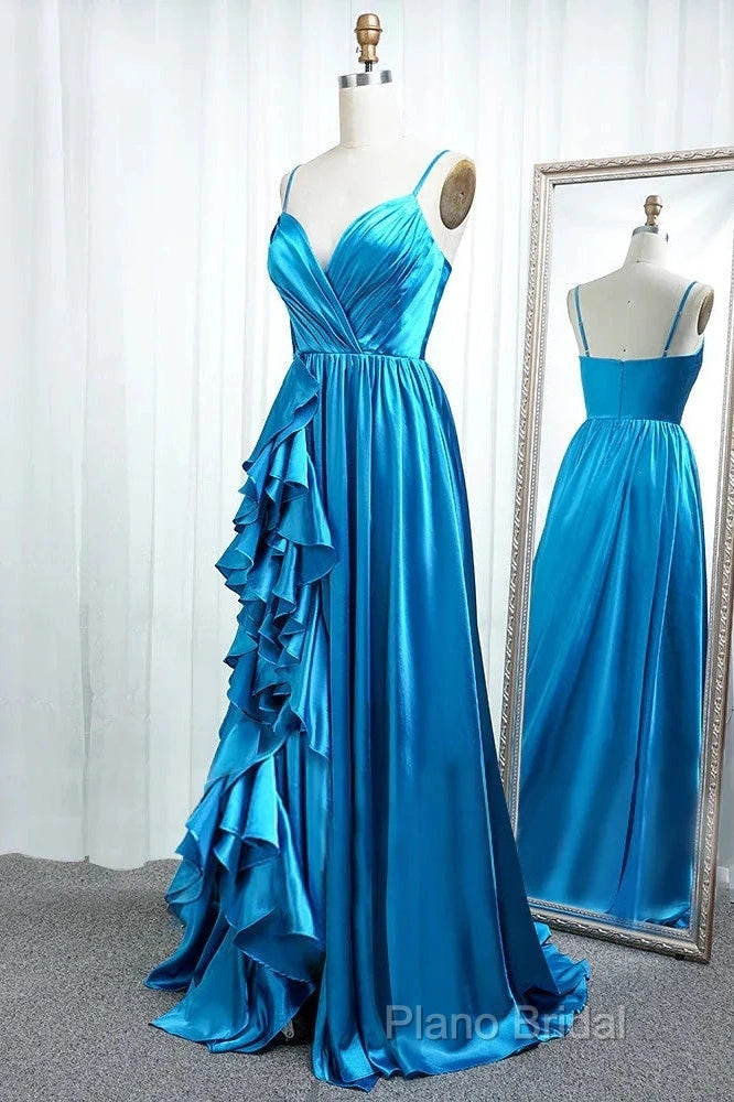A Line Spaghetti Straps Satin Formal Prom Dresses With Slit And Flounced