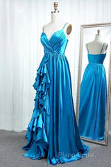 A Line Spaghetti Straps Satin Formal Prom Dresses With Slit And Flounced
