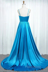 A Line Spaghetti Straps Satin Formal Prom Dresses With Slit And Flounced