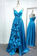 A Line Spaghetti Straps Satin Formal Prom Dresses With Slit And Flounced