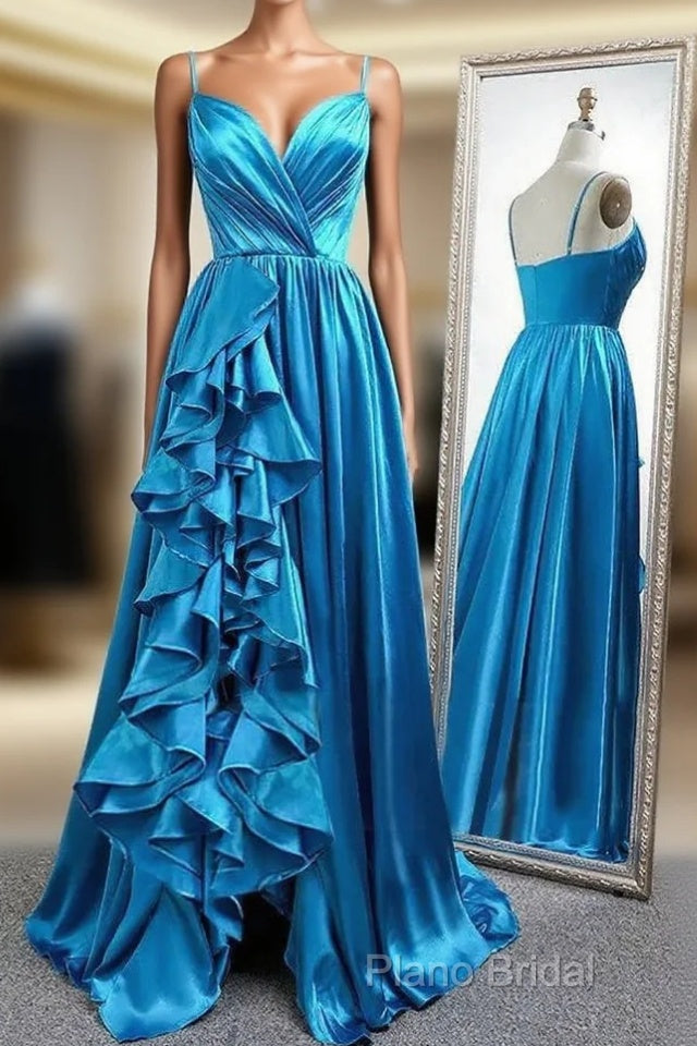 A Line Spaghetti Straps Satin Formal Prom Dresses With Slit And Flounced Main image