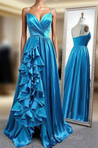 A Line Spaghetti Straps Satin Formal Prom Dresses With Slit And Flounced