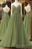 A-Line Spaghetti Straps Sweep Train Formal Prom Dresses, Sage Green Tulle Formal Dresses