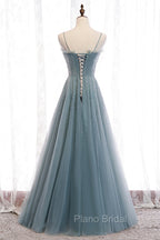 A-Line Spaghetti Straps Tulle Beaded Long Formal Prom Dresses, Cute Evening Party Dresses