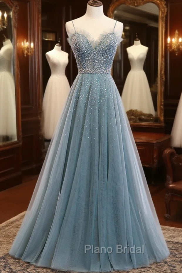 A-Line Spaghetti Straps Tulle Beaded Long Formal Prom Dresses, Cute Evening Party Dresses Main image