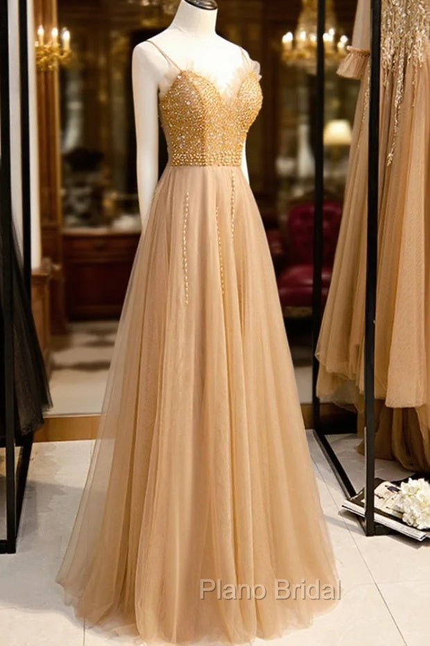 A-Line Spaghetti Straps Tulle Beaded Long Formal Prom Dresses, Evening Party Dresses Secondary image