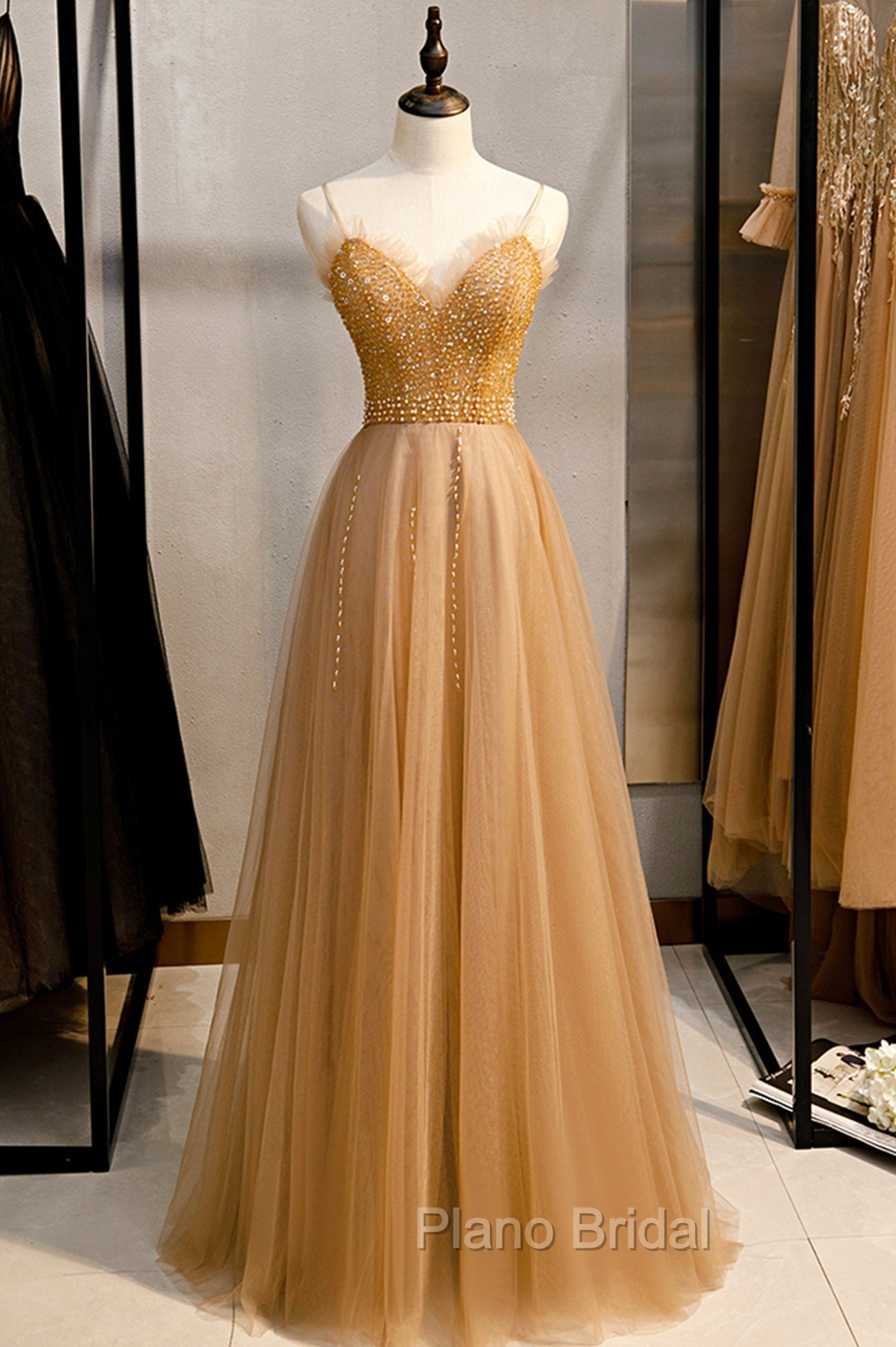 A-Line Spaghetti Straps Tulle Beaded Long Formal Prom Dresses, Evening Party Dresses Main image