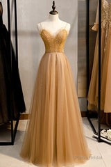 A-Line Spaghetti Straps Tulle Beaded Long Prom Dress, Evening Party Dress