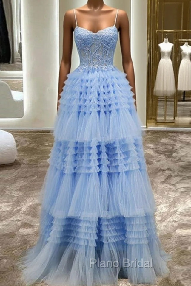 A-Line Spaghetti Straps Tulle Long Formal Prom Dresses Main image