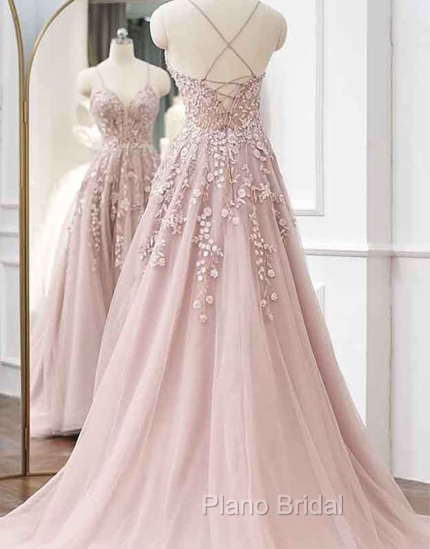A-line Spaghetti Straps Tulle Formal Prom Dresses with Appliques Secondary image