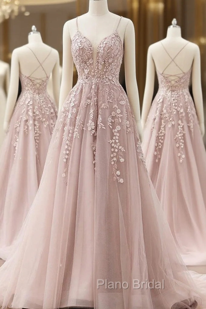 A-line Spaghetti Straps Tulle Formal Prom Dresses with Appliques Main image