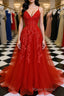 A Line Spaghetti Straps V Neck Red Lace Long Formal Prom Dress, Red Lace Formal Dress, Red Evening Dress
