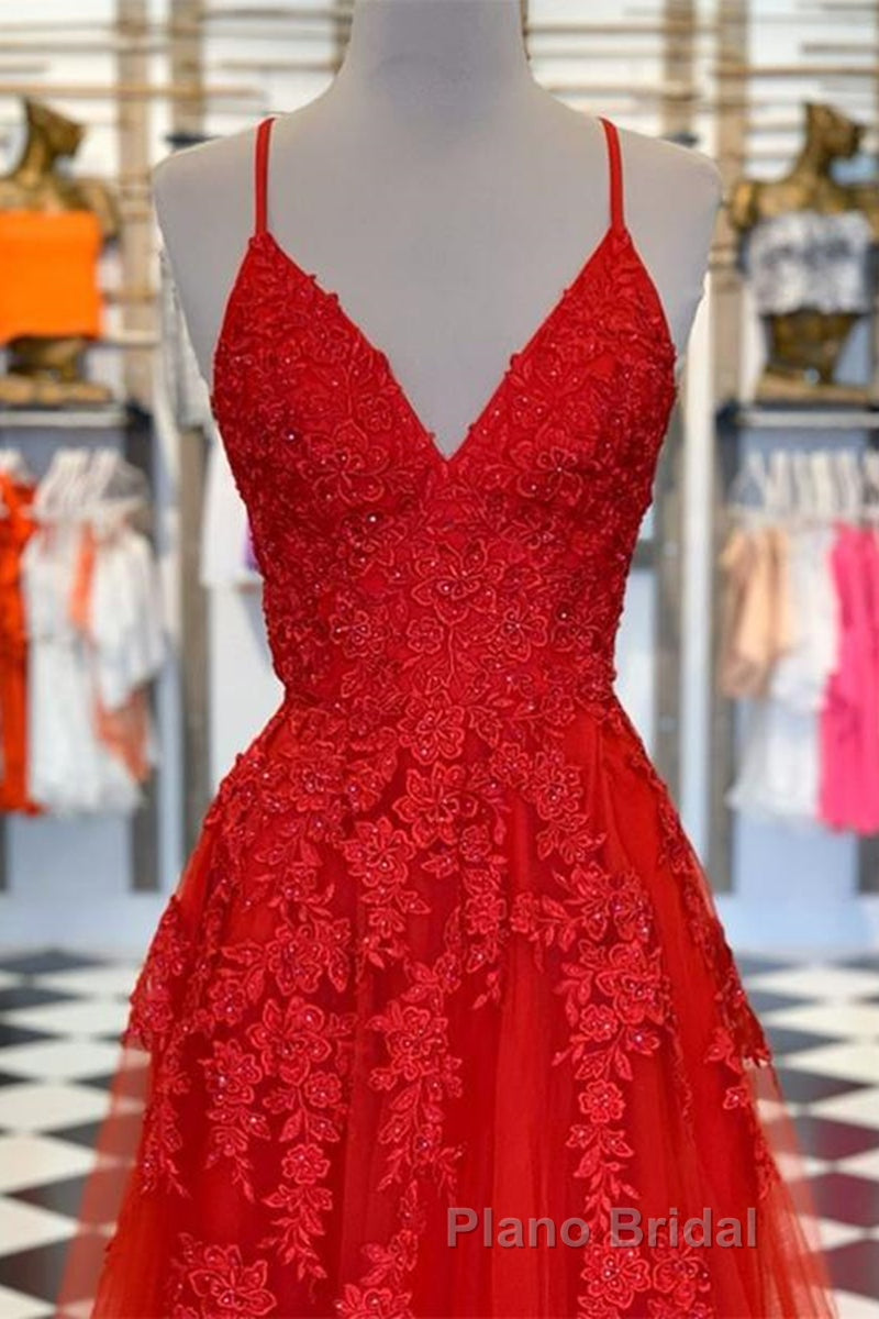 A Line Spaghetti Straps V Neck Red Lace Long Formal Prom Dress, Red Lace Formal Dress, Red Evening Dress