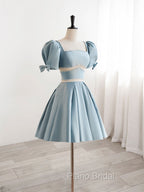 A-Line Square Neckline Blue Short Formal Prom Dresses, Cute Blue Homecoming Dresses