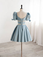 A-Line Square Neckline Blue Short Formal Prom Dresses, Cute Blue Homecoming Dresses