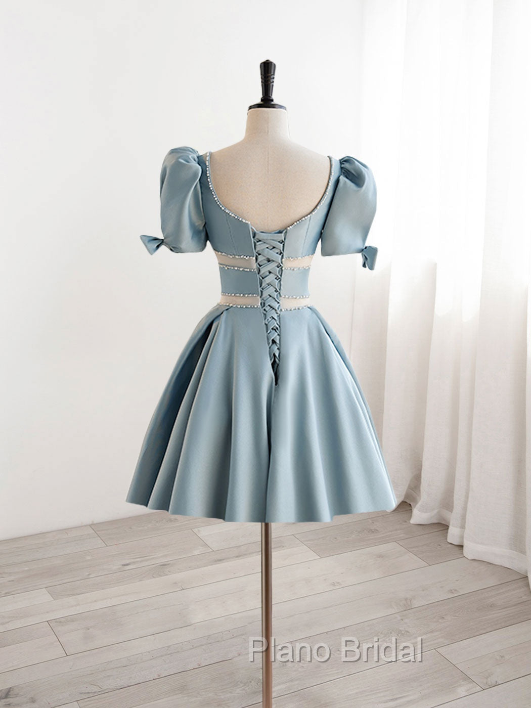 A-Line Square Neckline Blue Short Formal Prom Dresses, Cute Blue Homecoming Dresses