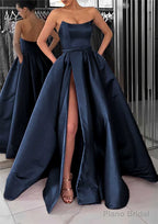 A-line Square Neckline Long/Floor-Length Satin Prom Dresses With Pockets Split