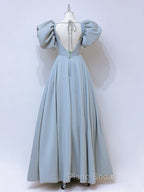 A-Line  Square Neckline Puff sleeves Long Blue Formal Prom Dresses, Blue Long Formal Dresses