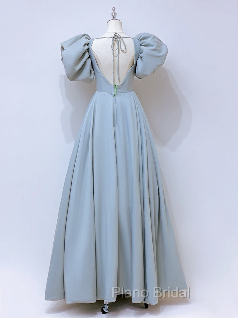 A-Line  Square Neckline Puff sleeves Long Blue Formal Prom Dresses, Blue Long Formal Dresses