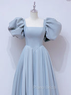 A-Line  Square Neckline Puff sleeves Long Blue Formal Prom Dresses, Blue Long Formal Dresses