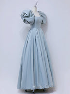 A-Line  Square Neckline Puff sleeves Long Blue Formal Prom Dresses, Blue Long Formal Dresses