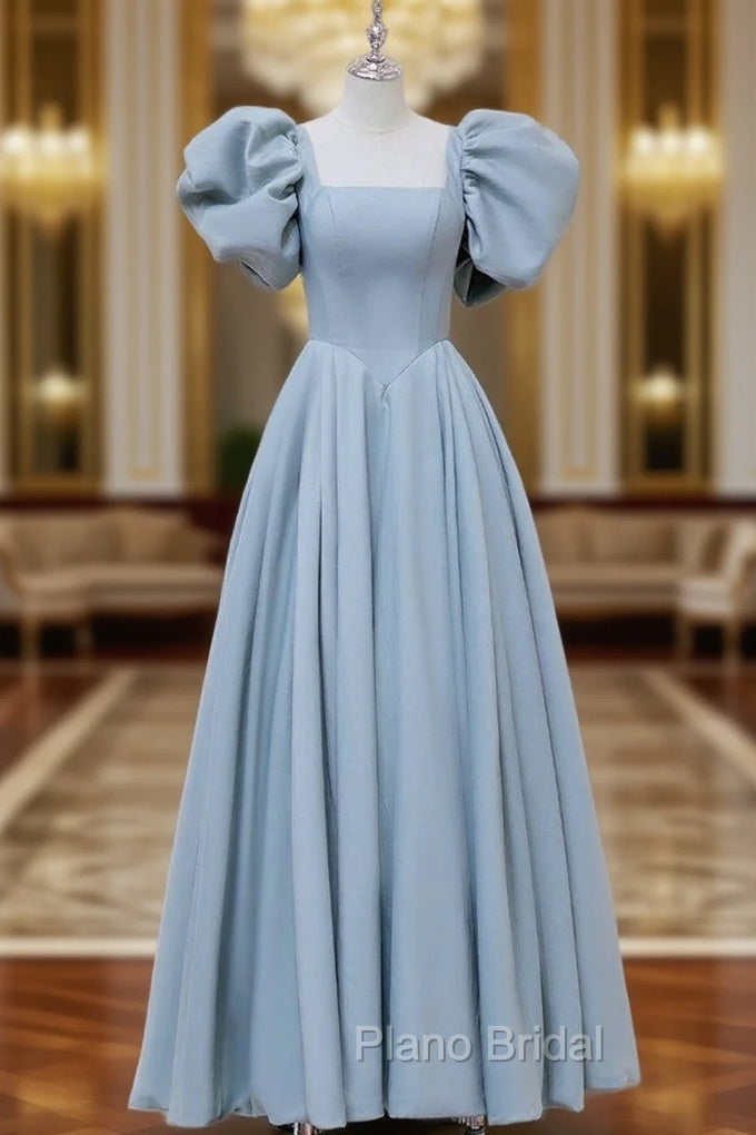 A-Line  Square Neckline Puff sleeves Long Blue Formal Prom Dresses, Blue Long Formal Dresses Main image