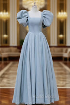 A-Line  Square Neckline Puff sleeves Long Blue Formal Prom Dresses, Blue Long Formal Dresses