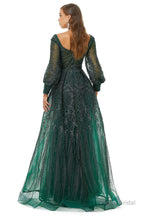 A-Line Square Neckline Sequined Floor-Length Long Sleeve Open Back Appliques Lace Prom Dresses