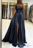 A-line Square Neckline Sleeveless Satin Sweep Train Prom Dresses With Pleated