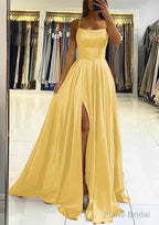 A-line Square Neckline Sleeveless Satin Sweep Train Prom Dresses With Pleated