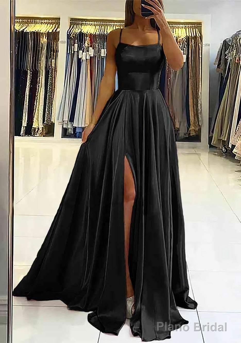 A-line Square Neckline Sleeveless Satin Sweep Train Prom Dresses With Pleated