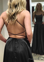 A-line Square Neckline Spaghetti Straps Long/Floor-Length Charmeuse Prom Dresses With Split