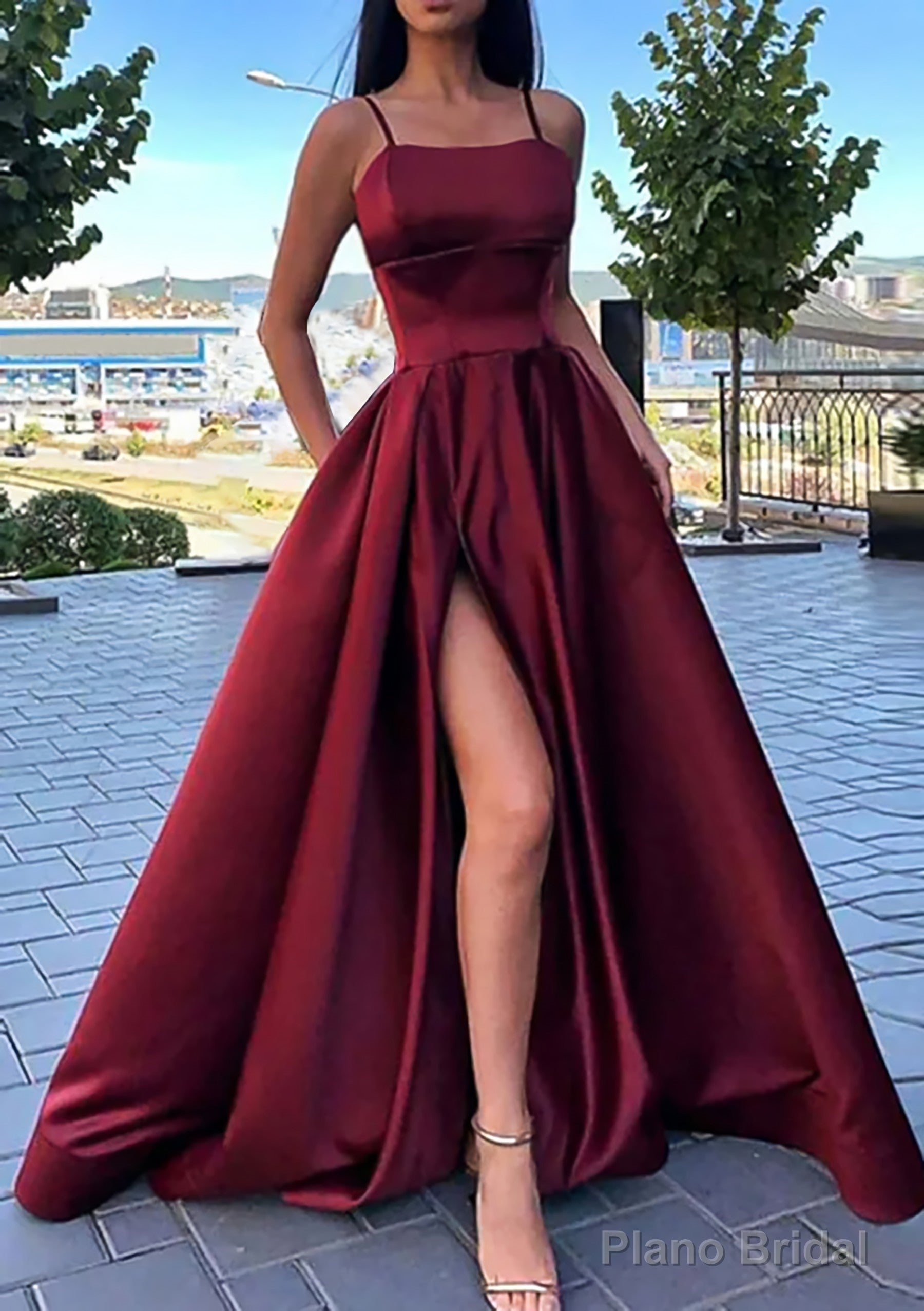 A-line Square Neckline Spaghetti Straps Long/Floor-Length Satin Prom Dresses With Split Pockets Main image