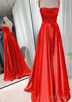 A-line Square Neckline Spaghetti Straps Sweep Train Charmeuse Prom Dresses With Pleated