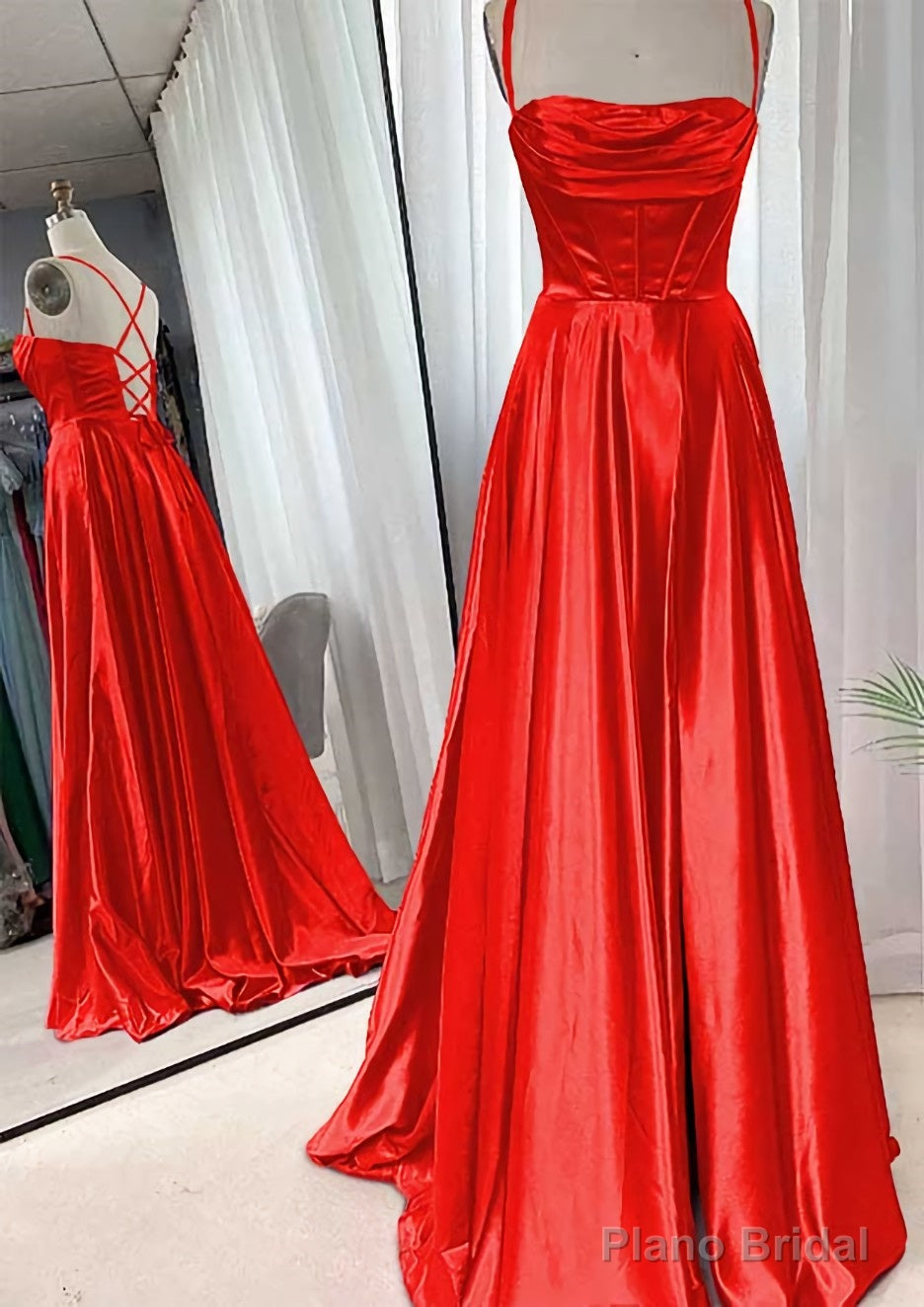 A-line Square Neckline Spaghetti Straps Sweep Train Charmeuse Prom Dresses With Pleated