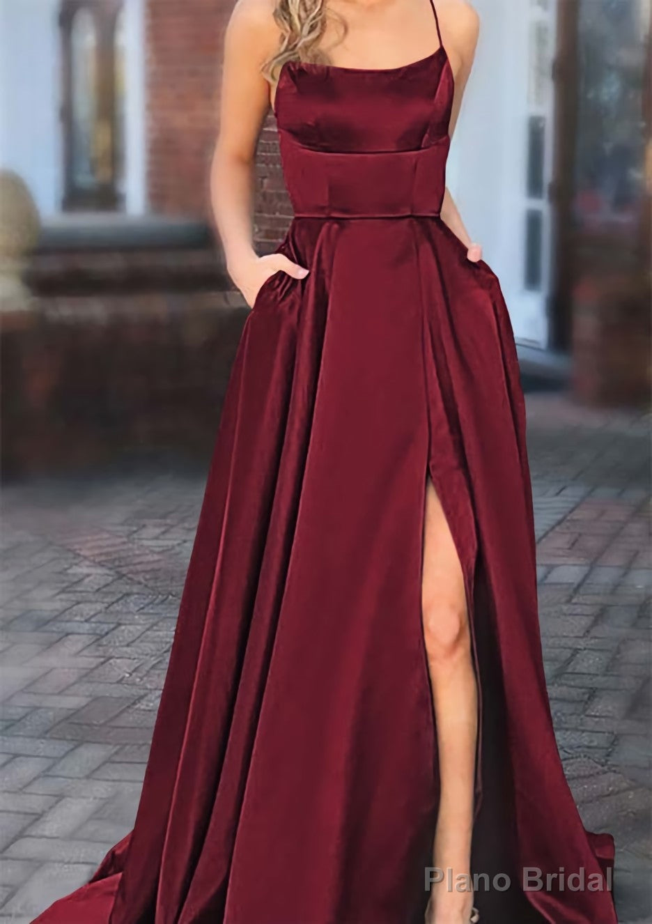 A-line Square Neckline Spaghetti Straps Sweep Train Charmeuse Prom Dresses With Pockets Split