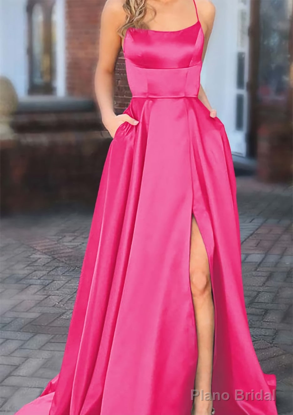 A-line Square Neckline Spaghetti Straps Sweep Train Charmeuse Prom Dresses With Pockets Split