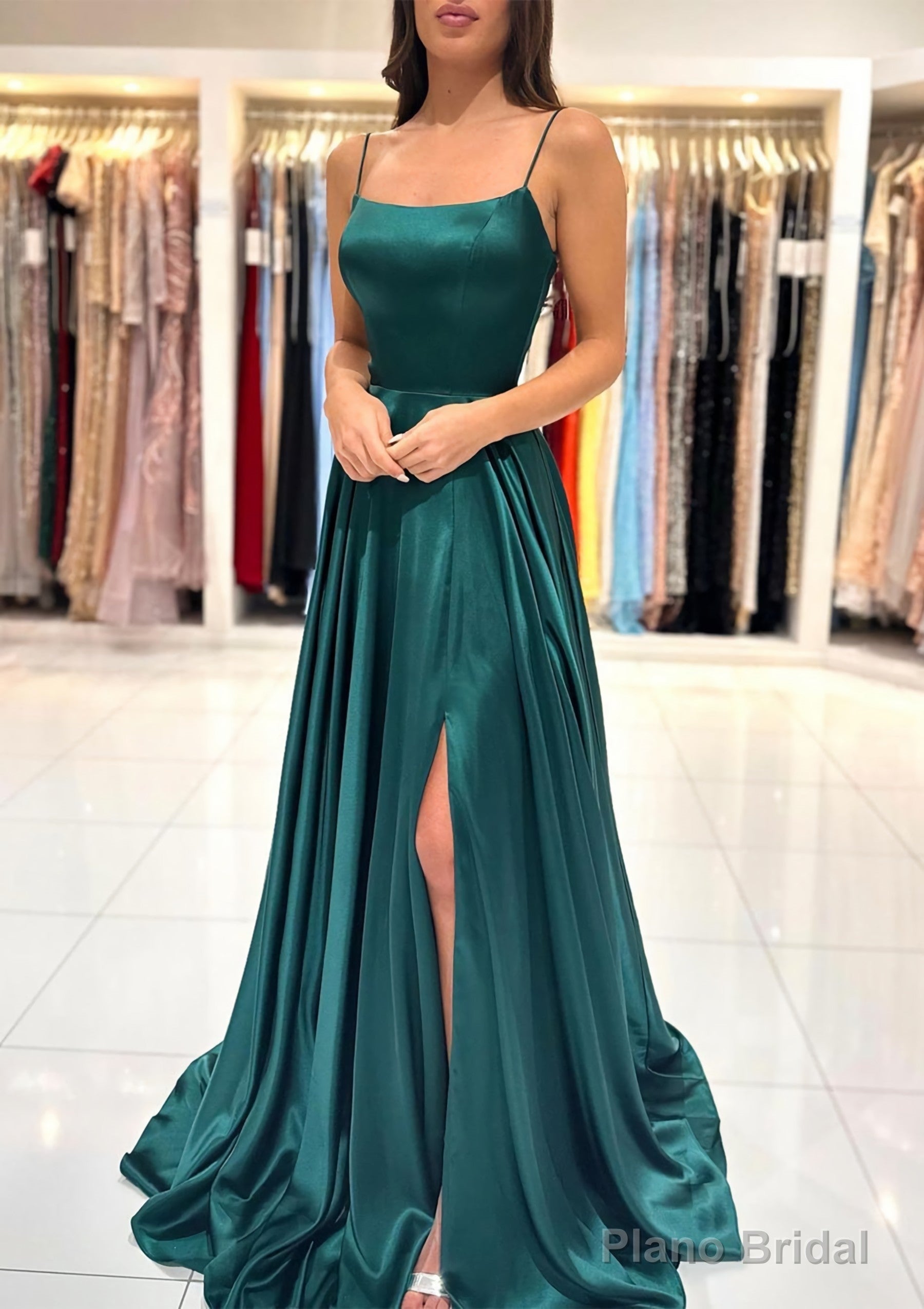 A-line Square Neckline Spaghetti Straps Sweep Train Charmeuse Prom Dresses With Split Main image