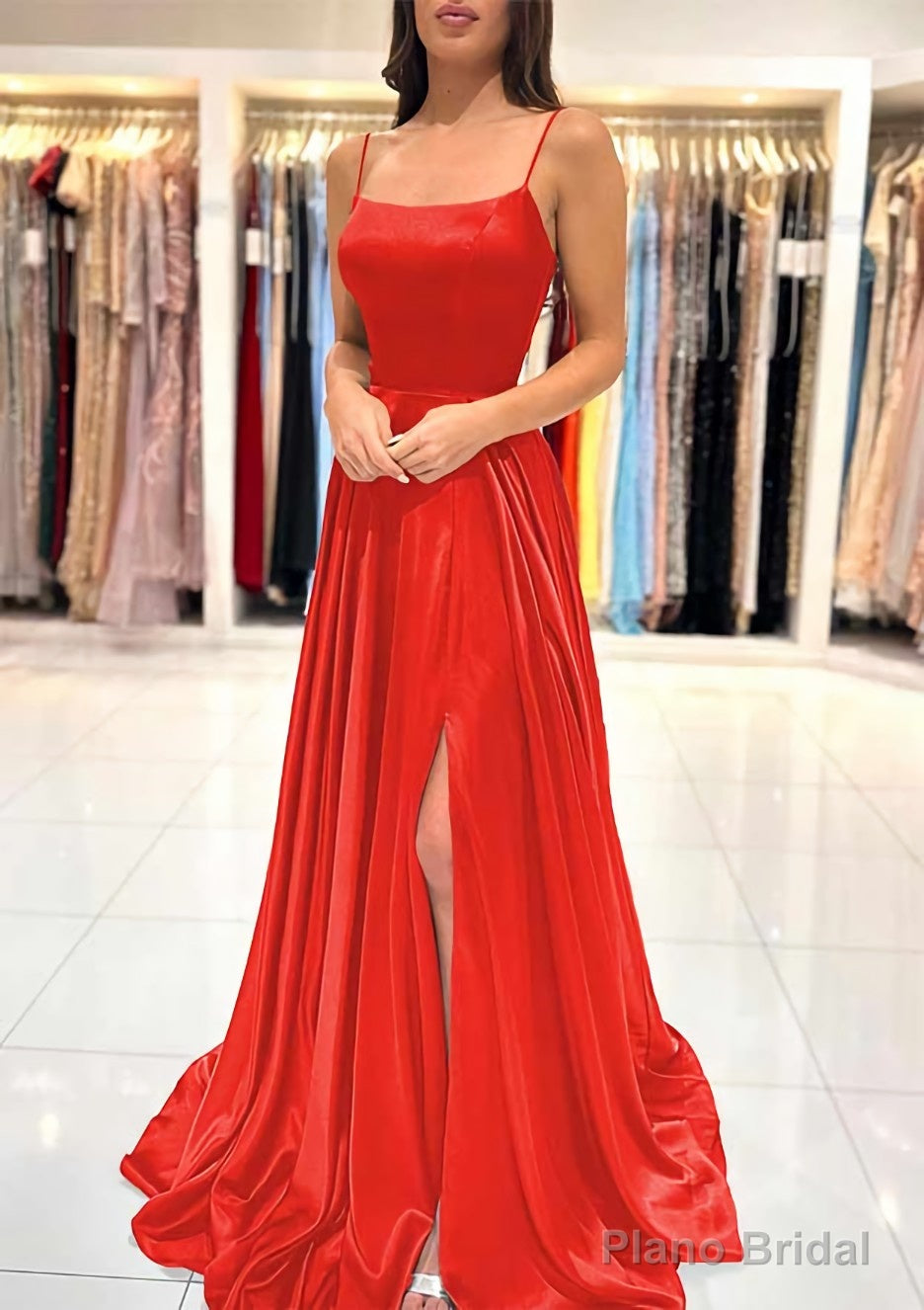 A-line Square Neckline Spaghetti Straps Sweep Train Charmeuse Prom Dresses With Split