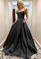 A-line Square Neckline Spaghetti Straps Sweep Train Satin Prom Dresses With Beading Pockets