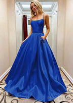 A-line Square Neckline Spaghetti Straps Sweep Train Satin Prom Dresses With Beading Pockets