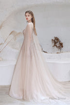 A Line Strapless Beading Tulle Court Train Prom Dresses