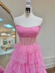 A Line Strapless Corset Glitter Tulle Formal Prom Dress with Ruffles