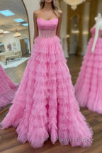A Line Strapless Corset Glitter Tulle Formal Prom Dress with Ruffles