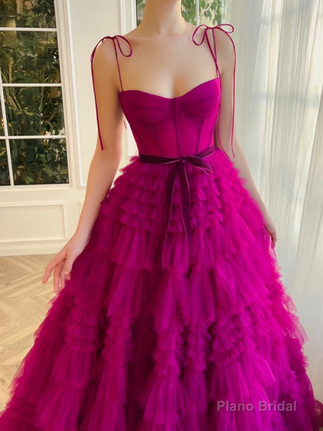 A Line Strapless Fuchsia Tiered Long Tulle Prom Dress