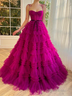 A Line Strapless Fuchsia Tiered Long Tulle Prom Dress