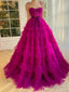 A Line Strapless Fuchsia Tiered Long Tulle Prom Dress