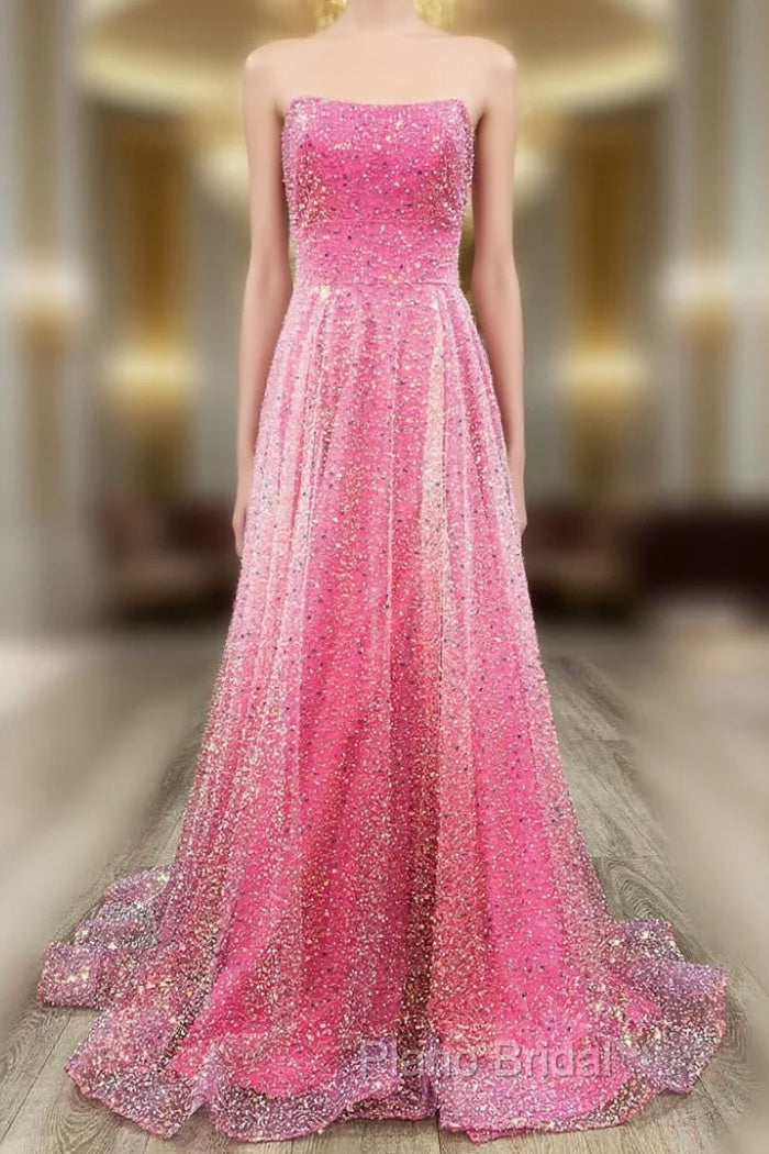 A-Line Strapless Hot Pink Sequins Long Formal Prom Dresses Main image